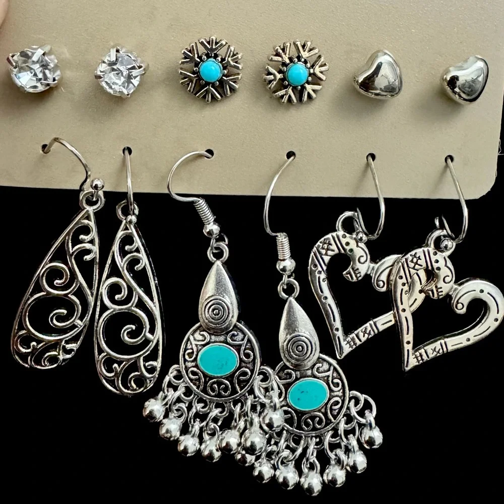 6 Pair Earring Set-Turquoise Drops+Heart Hoops+Stud Bundle - Picture 2 of 4